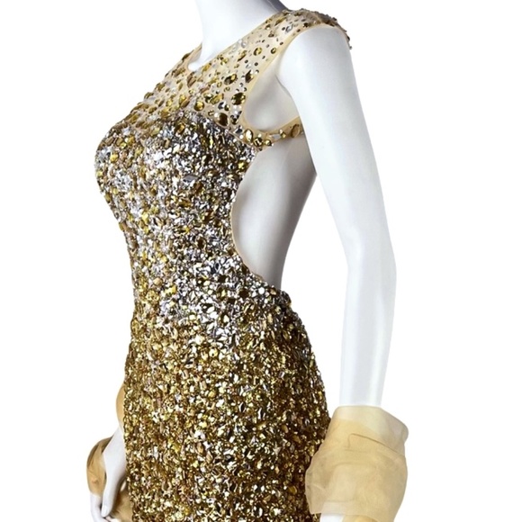Sagaie Paris | NWOT Gold Crystal Embellished Backless Cocktail Dress Size Small - Picture 5 of 11